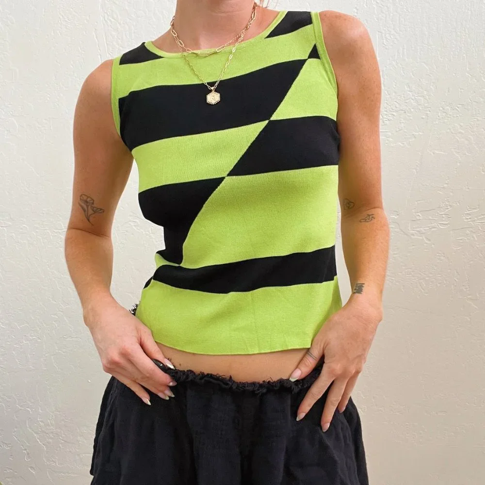 Y2K Lime Green Black Funky Abstract Knit Sleeveless Top - Picture 3 of 8